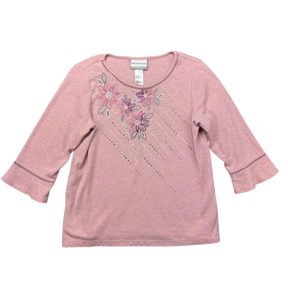 Alfred Dunner Top Women's Small Petite Pink Floral 3/4 Sleeve Embroidered Beaded